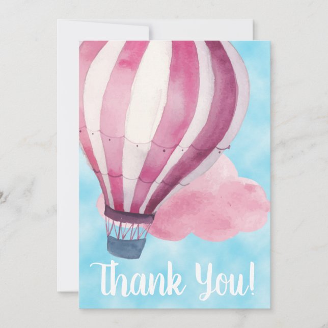 Red White Hot Air Balloon in Blue Sky Thank You Card (Front)