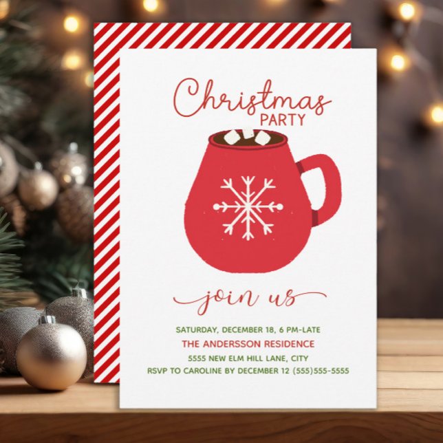 Red White Hot Cocoa Christmas Party Invitation (Red and white hot cocoa and candy stripes Christmas party invitation)
