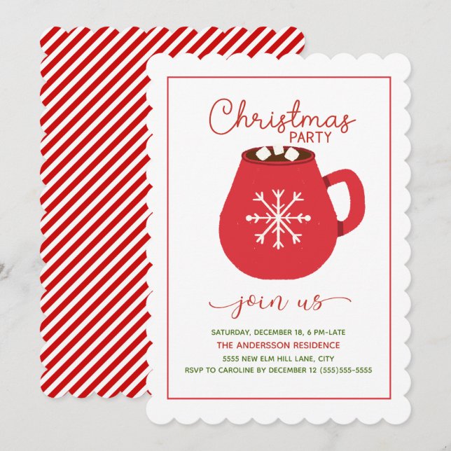 Red White Hot Cocoa Scalloped Christmas Party Invitation (Front/Back)