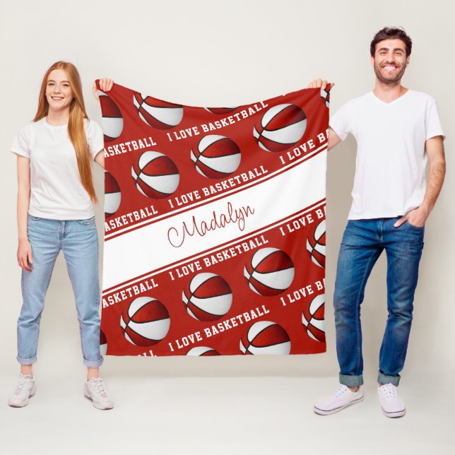 red white I love basketball girls sports decor Fleece Blanket (In Situ)