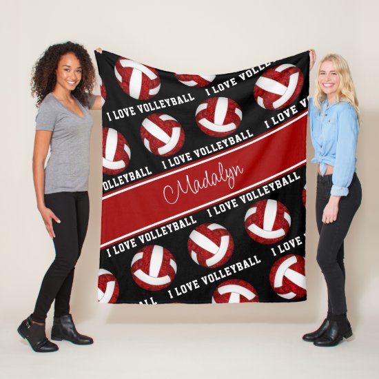 red white I love volleyball text pattern fleece blanket