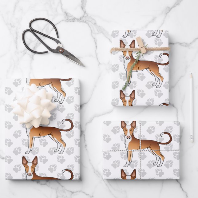 Red & White Ibizan Hound Smooth Coat Dog Pattern Wrapping Paper Sheets (Front)