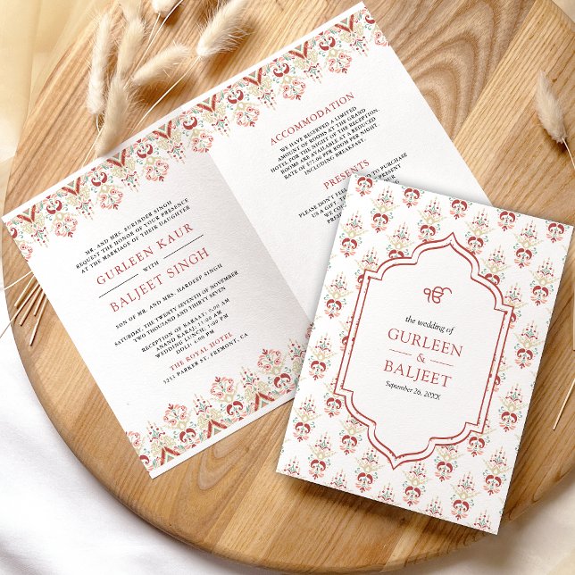 Red White Ikat All in One Anand Karaj Sikh Wedding Invitation (Creator Uploaded)