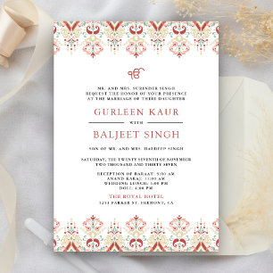 Red White Ikat Anand Karaj Sikh Wedding Invitation