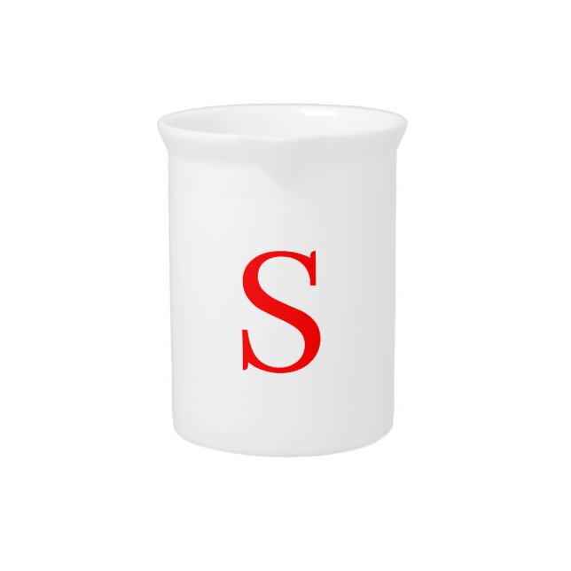 Red & White Initial Letter Monogrammed Plain Beverage Pitcher (Front)