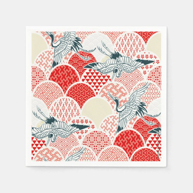 Red White Japanese Kimono Crane Decoupage Paper Napkins (Front)