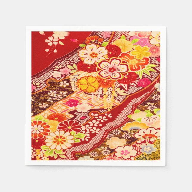 Red White Japanese Kimono Floral Decoupage Paper Napkins (Front)