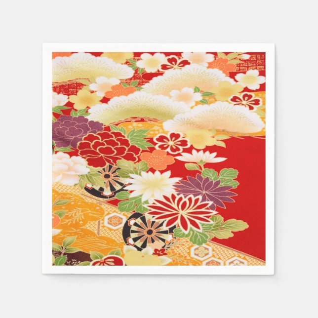 Red White Japanese Kimono Floral Decoupage Paper Napkins (Front)