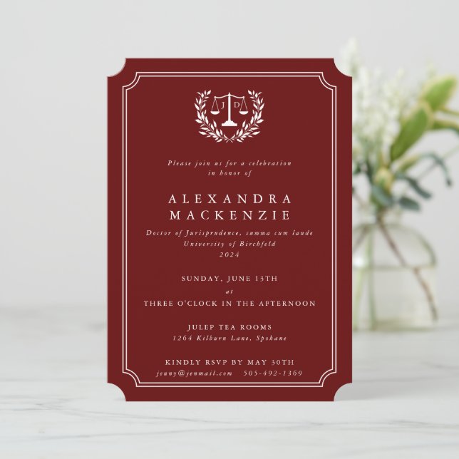 Red/White JD Law Scales + Laurel Wreath Graduation Invitation (Standing Front)