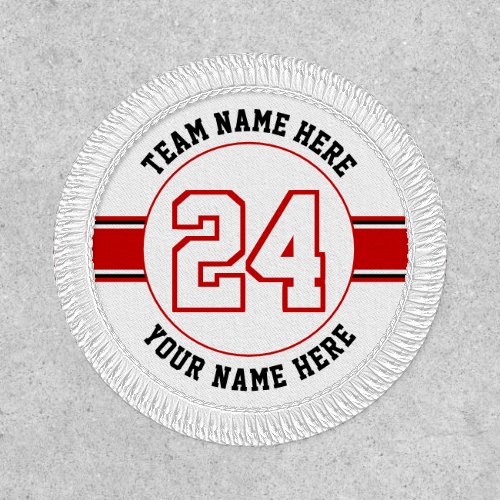 Red white jersey number team player name sports patch