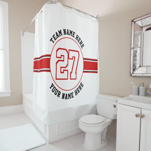 Red white jersey number team player name sports shower curtain