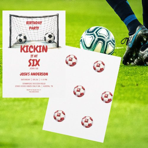 Red  White Kickin Soccer Birthday Party Invitation