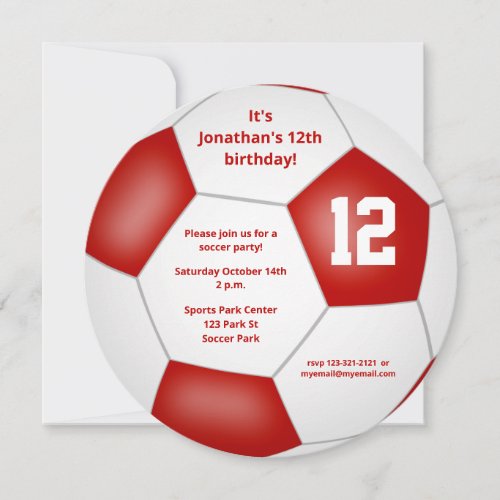 red white kids soccer themed birthday party announcement
