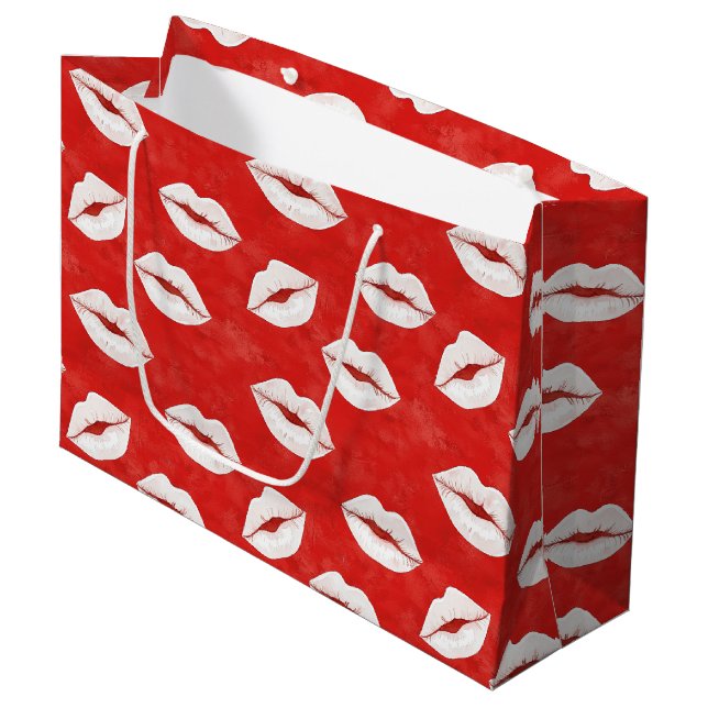 Red White Kiss Lips Flirty Love Valentine's day Large Gift Bag (Front Angled)