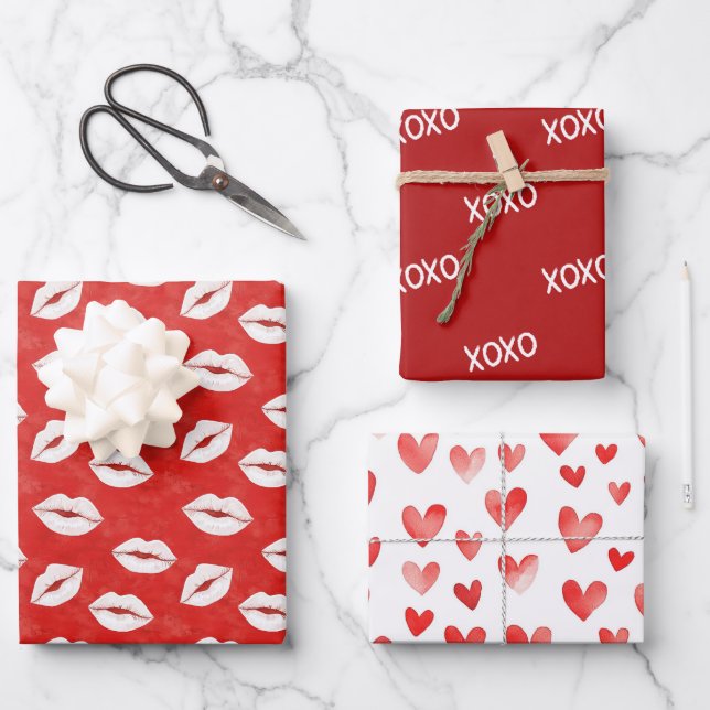 Red White Kiss Lips Flirty Love XO Valentine's day Wrapping Paper Sheets (Front)