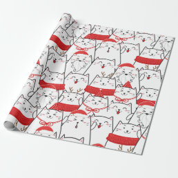 Red White Kitty Cats Floral Christmas Holiday Gift Wrapping Paper