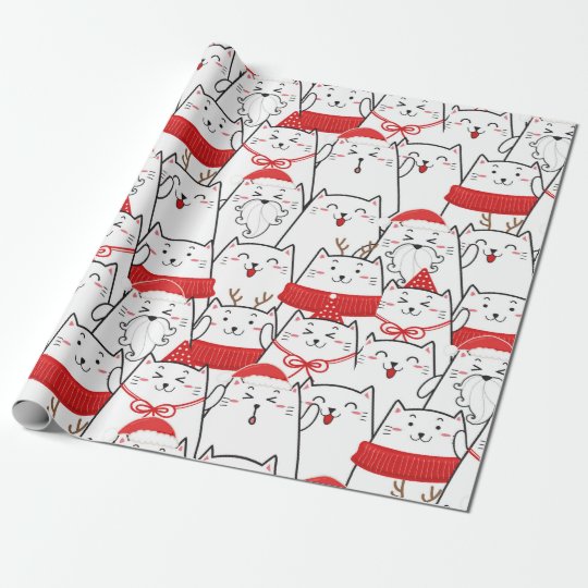 Red White Kitty Cats Floral Christmas Holiday Gift Wrapping Paper ...