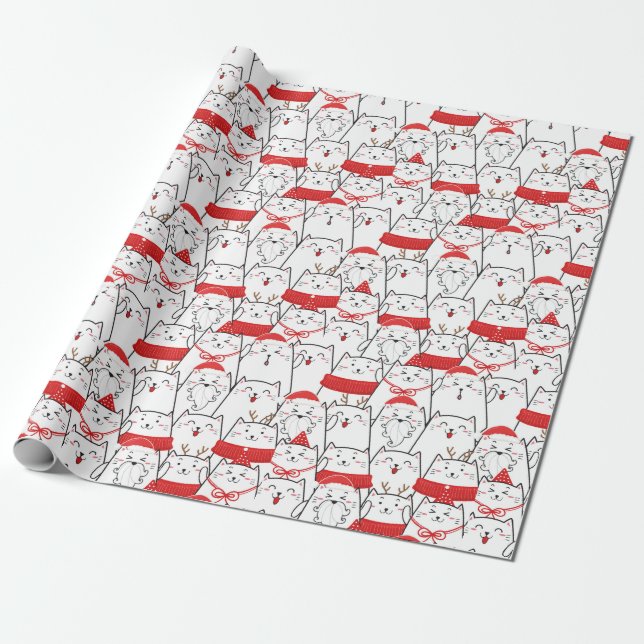 Red White Kitty Cats Funny Christmas Holiday Gift Wrapping Paper (Unrolled)