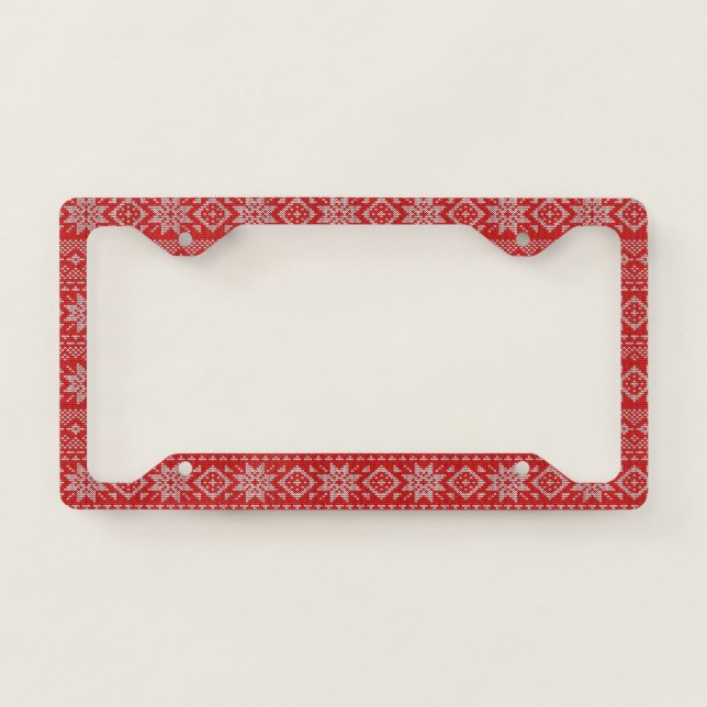 Red & White Knitted Christmas Pattern License Plate Frame (Front)