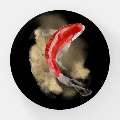 Red White Koi Fish on Gold and Black Paperweight