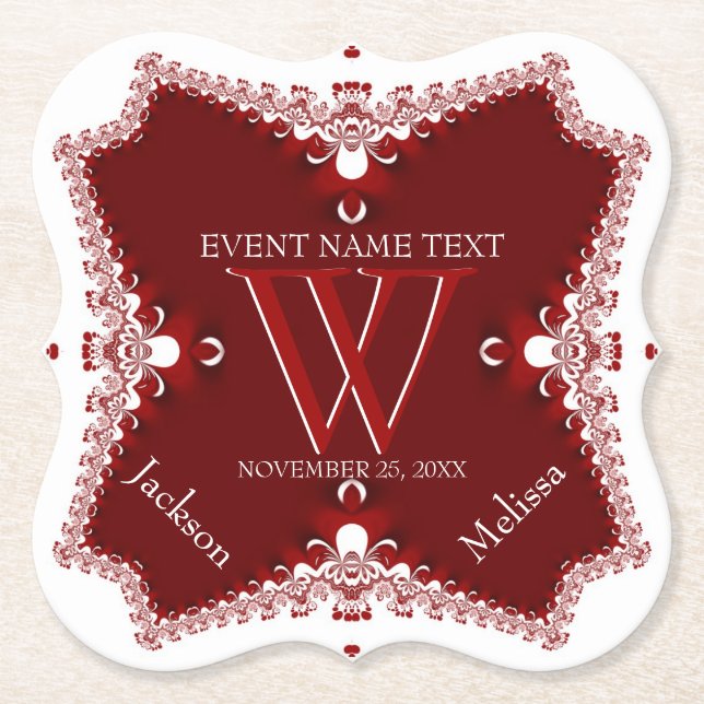 Red White Lace Border Wedding Anniversary Elegant Paper Coaster (Front)