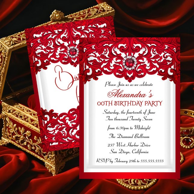 Red White Lace Damask Pearl Birthday Party Invitation (Creator Uploaded)