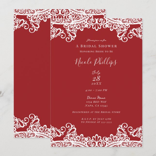 Red & White Lace Elegant Chic Bridal Shower     Invitation (Front/Back)