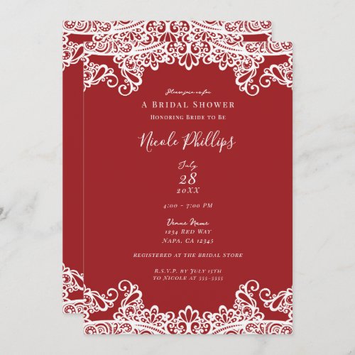 Red  White Lace Elegant Chic Bridal Shower     Invitation