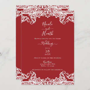 Red & White Lace Masquerade Elegant Wedding Invitation