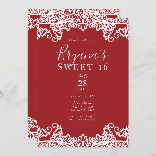 Red & White Lace Masquerade Sweet 16 Party  Invitation (Front/Back)