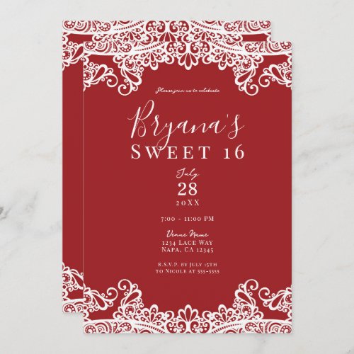 Red  White Lace Masquerade Sweet 16 Party  Invitation