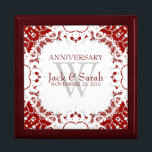 Red White Lace Wedding Anniversary Gift Box<br><div class="desc">Unique and Stylish fractal lace borders gorgeous red & white colours - Exquisite and elegant custom Wedding, Anniversary or engagement present. Personalize with names, anniversary date and monogram or numbers - made into a wonderful wooden gift box to keep trinkets, jewellery box for your special keepsakes. Makes a wonderful gift...</div>