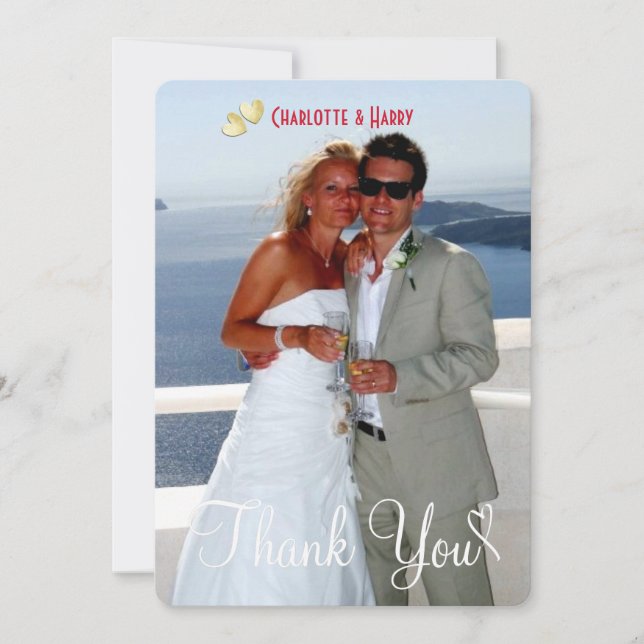 Red White Lace Wedding Script Photo Thank You Card (Front)