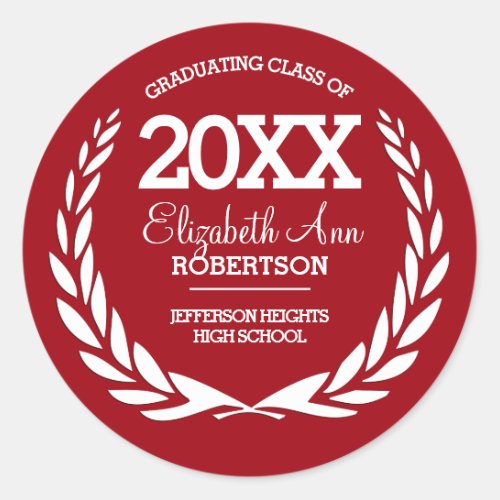 RedWhite Laurel Wreath Graduation Classic Round Sticker