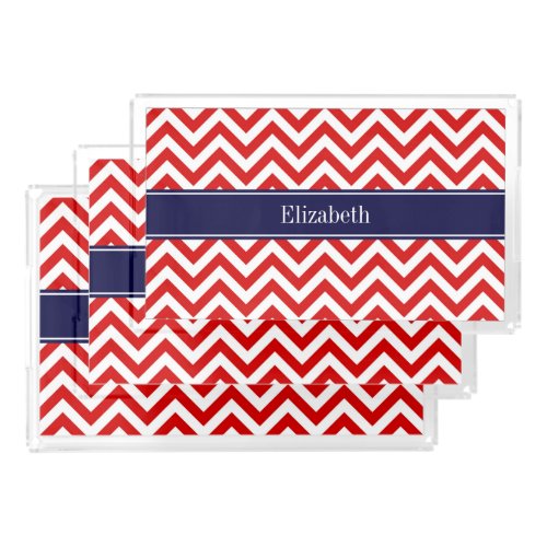 Red White LG Chevron Navy Blue Name Monogram Acrylic Tray