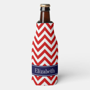Red White LG Chevron Navy Blue Name Monogram Bottle Cooler