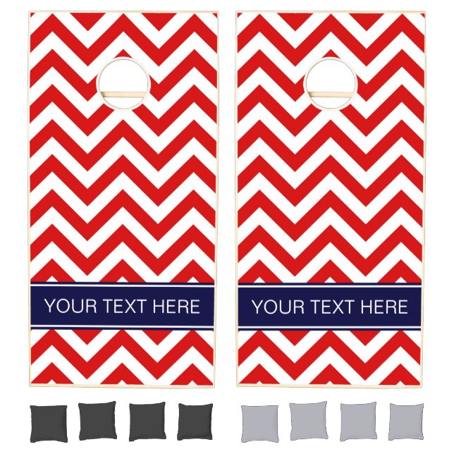 Red White LG Chevron Navy Blue Name Monogram Cornhole Set (Set)