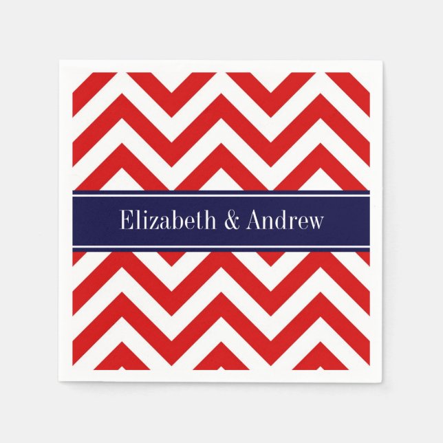 Red White LG Chevron Navy Blue Name Monogram Paper Napkins (Front)