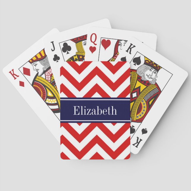 Red White LG Chevron Navy Blue Name Monogram Poker Cards (Back)