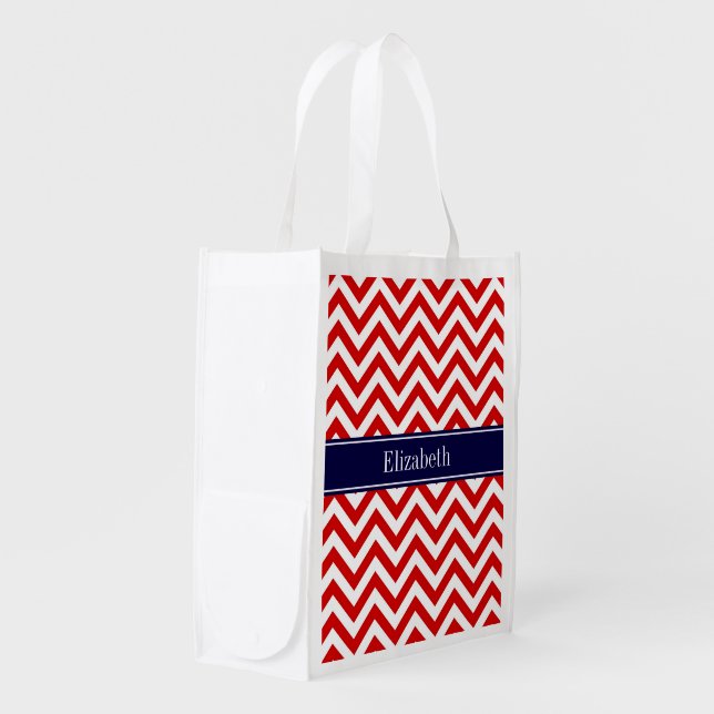 Red White LG Chevron Navy Blue Name Monogram Reusable Grocery Bag (Front Side)