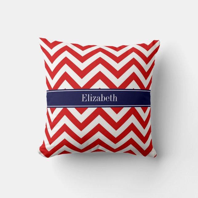 Red White LG Chevron Navy Blue Name Monogram Throw Pillow (Front)