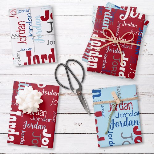 Red White  Light Blue Repeating Name Pattern Wrapping Paper Sheets