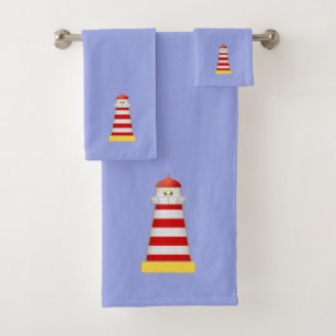 Red & White Lighthouse Beacon on Sky Blue Bath Towel Set
