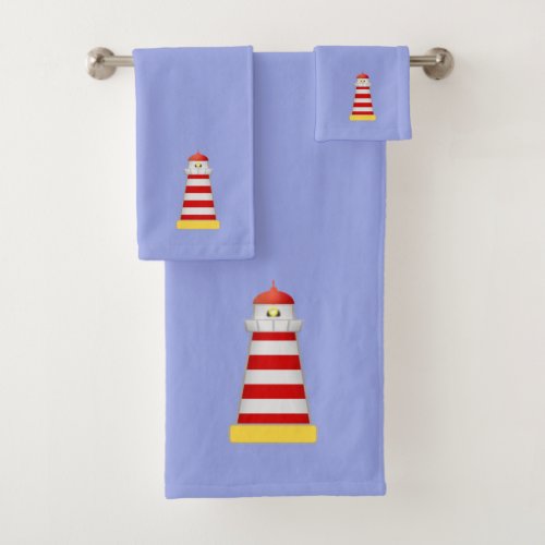Red  White Lighthouse Beacon on Sky Blue Bath Towel Set