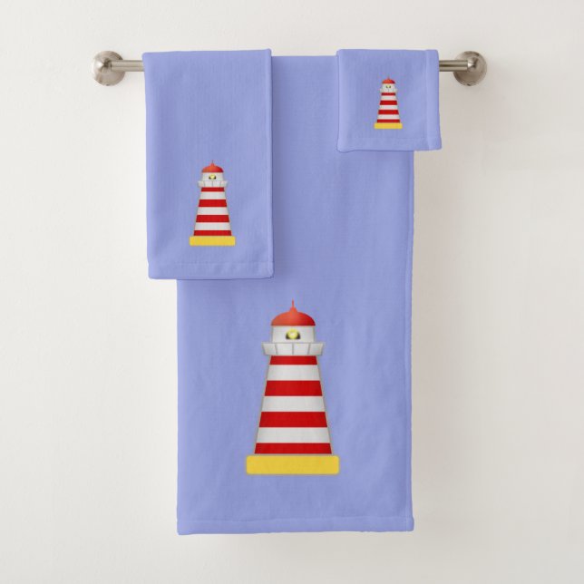 Red & White Lighthouse Beacon on Sky Blue Bath Towel Set (Insitu)