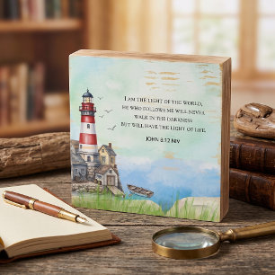 Red White Lighthouse Bible Verse Wood Block Wooden Box Sign