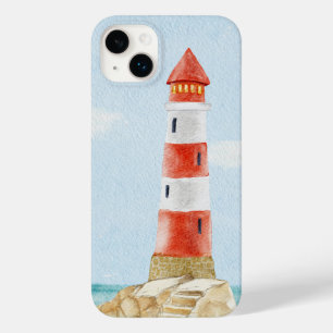 Red white lighthouse tower stone sand watercolor  Case-Mate iPhone 14 plus case