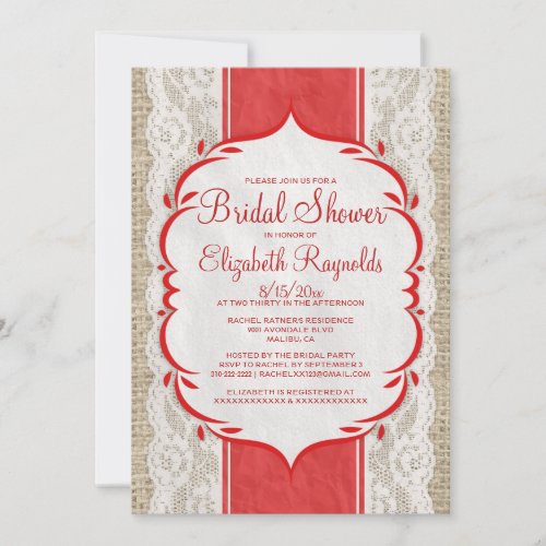 Red White Linen Burlap Lace Bridal Shower Invites