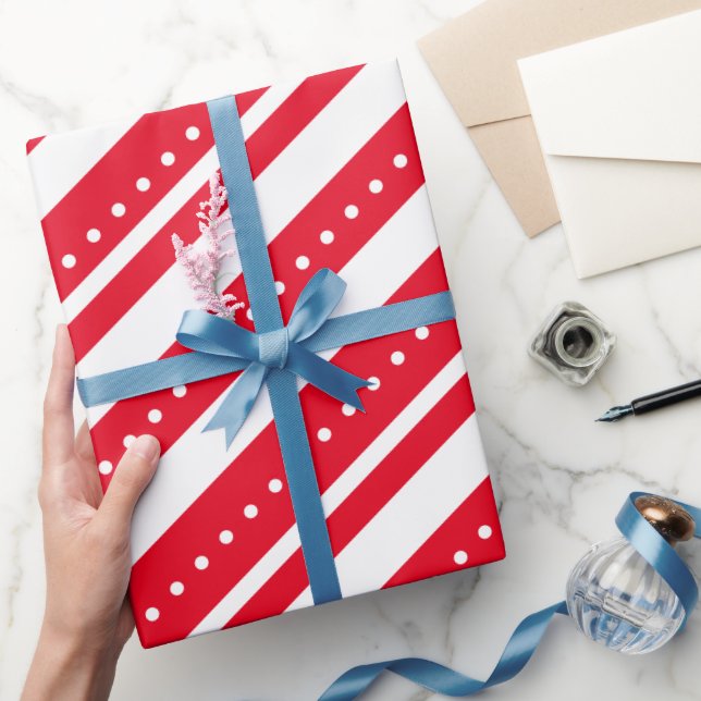 Red White Lines Dots Christmas Wrapping Paper (Gifting)