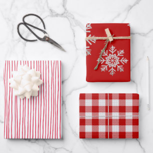Red White Lines Silver Snowflake Red White Plaid Wrapping Paper Sheets